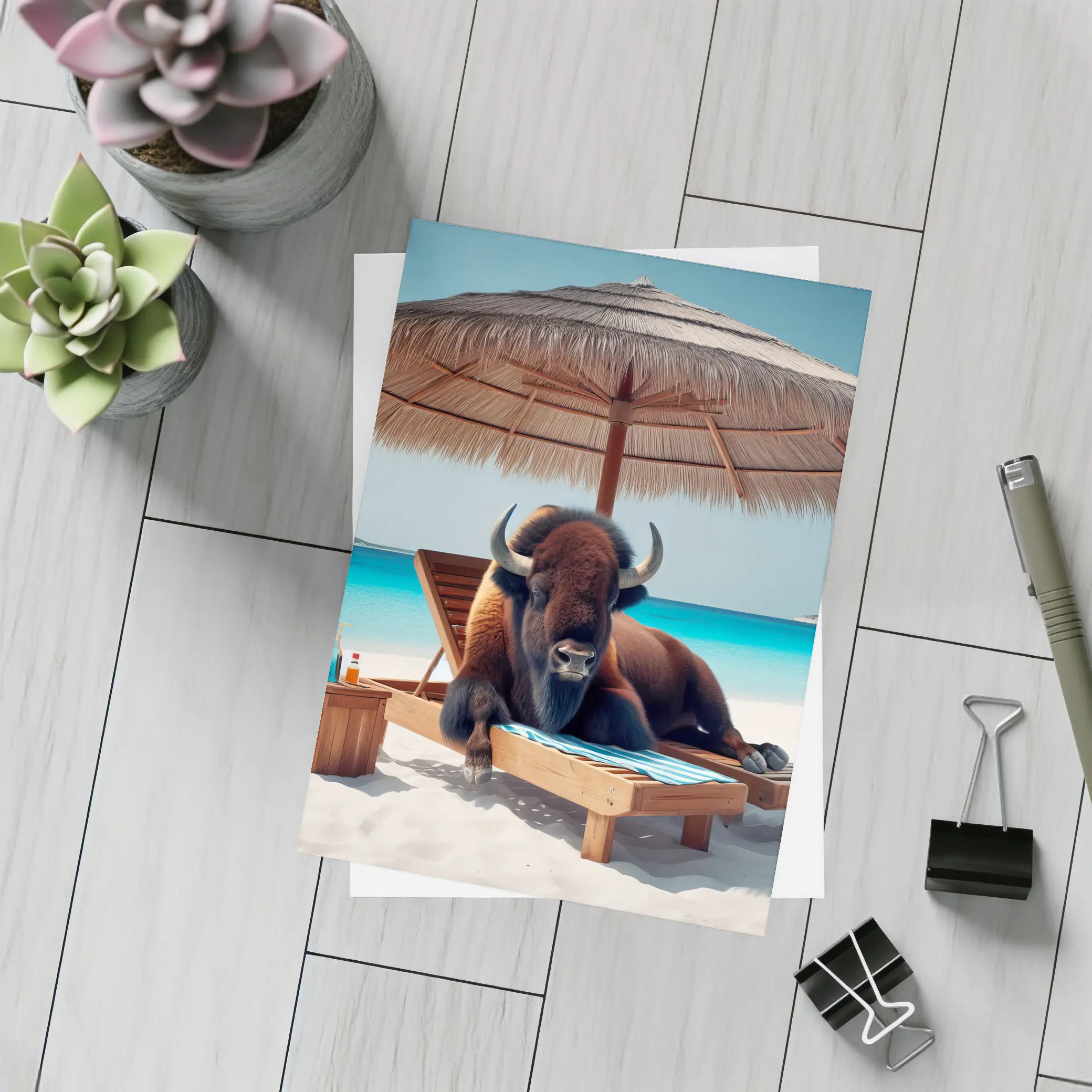 Bison Relaxing on Tropical Beach Lounge Chair – Postcards