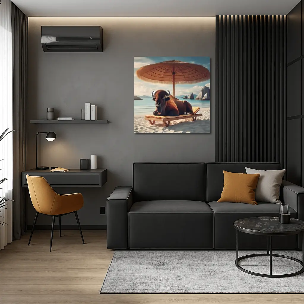 Bison Relaxing On Sunny Beach Lounge Chair – Wall Art