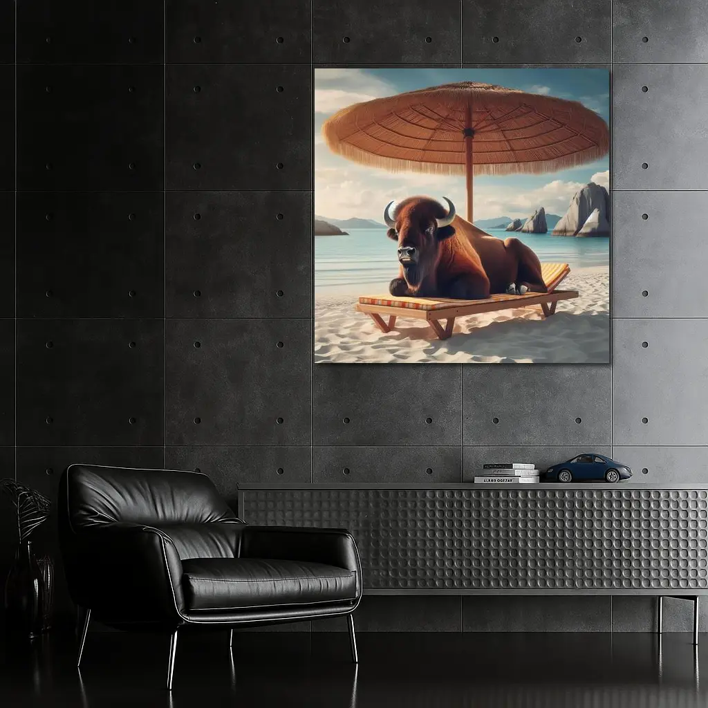 Bison Relaxing On Sunny Beach Lounge Chair – Wall Art