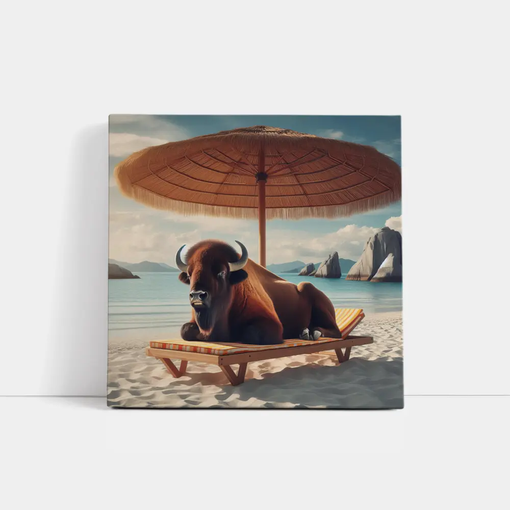Bison Relaxing On Sunny Beach Lounge Chair – Wall Art