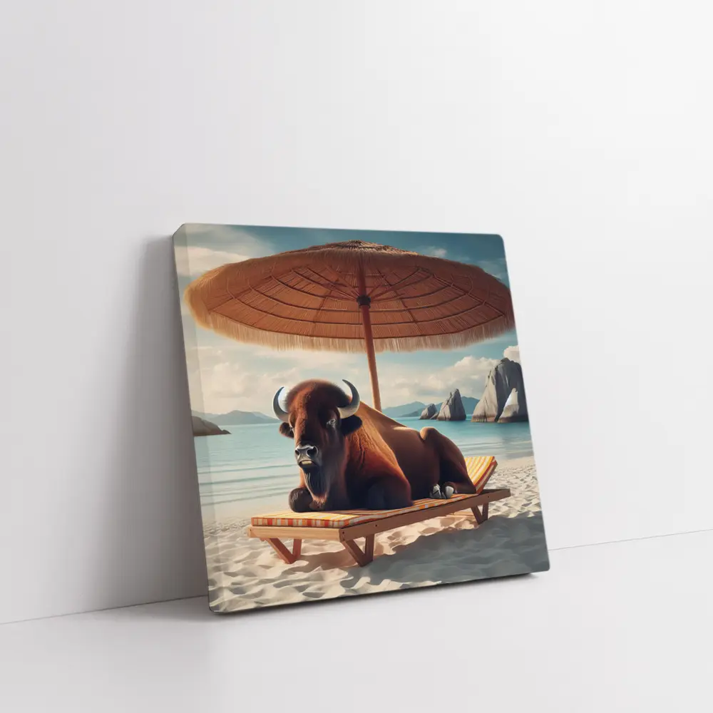 Bison Relaxing On Sunny Beach Lounge Chair – Wall Art