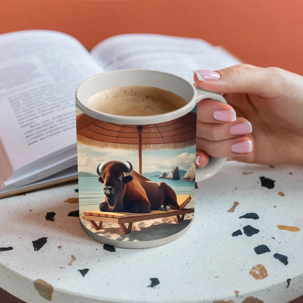 Bison Relaxing On Sunny Beach Lounge Chair – Mugs