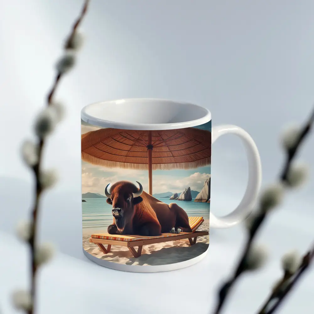 Bison Relaxing On Sunny Beach Lounge Chair – Mugs