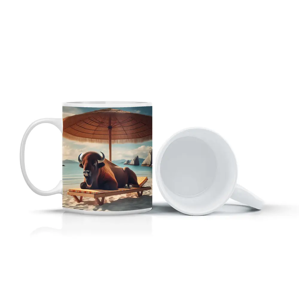 Bison Relaxing On Sunny Beach Lounge Chair – Mugs