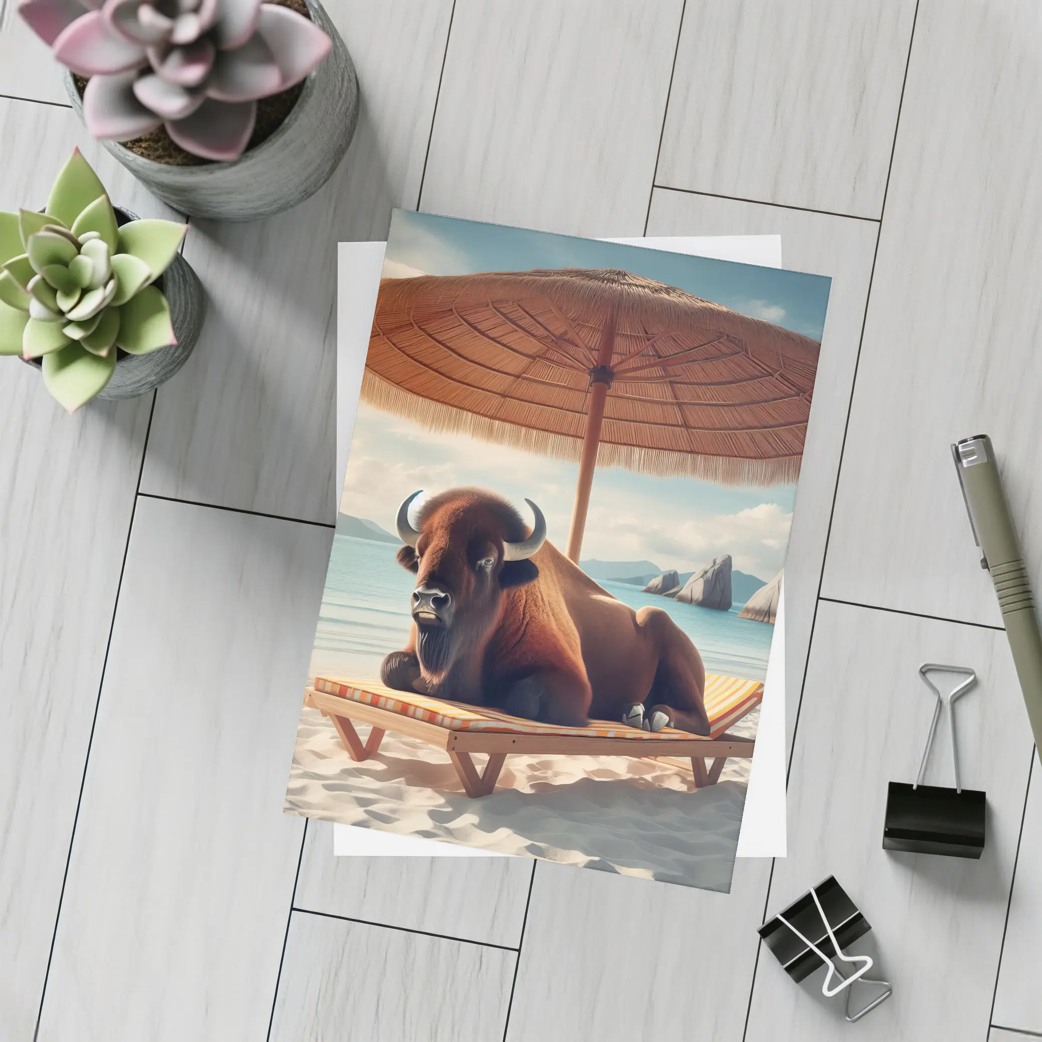 Bison Relaxing On Sunny Beach Lounge Chair – Postcards