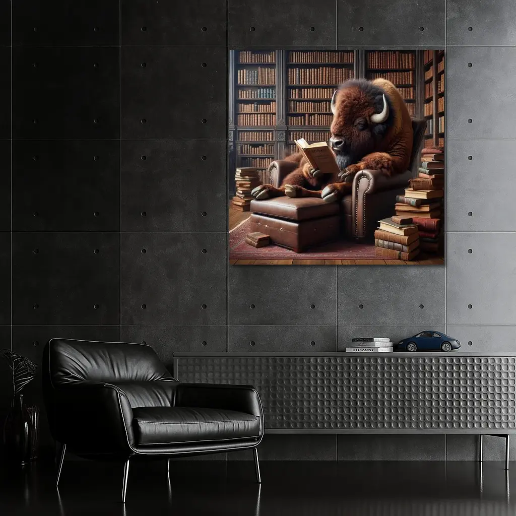 Bison Reading Book in Library Armchair – Wall Art
