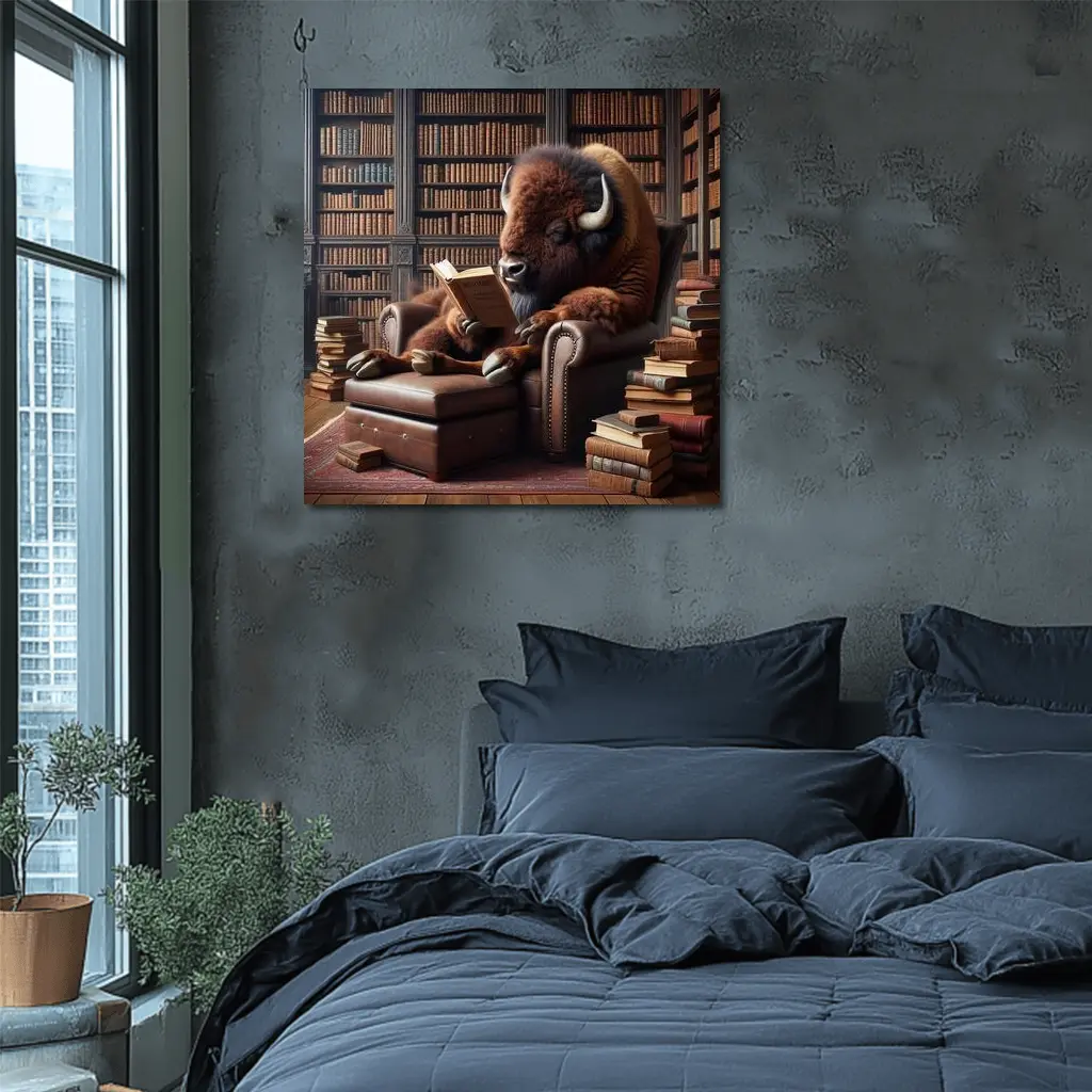 Bison Reading Book in Library Armchair – Wall Art