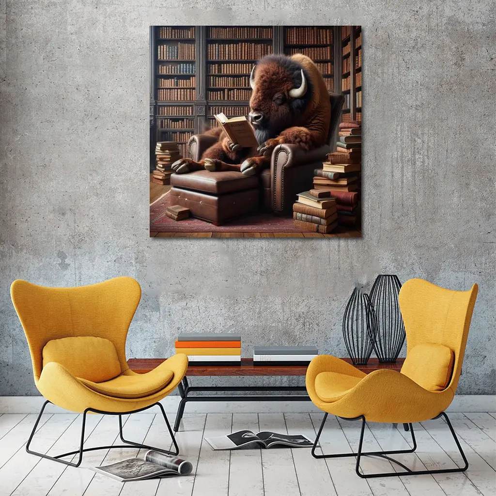 Bison Reading Book in Library Armchair – Wall Art
