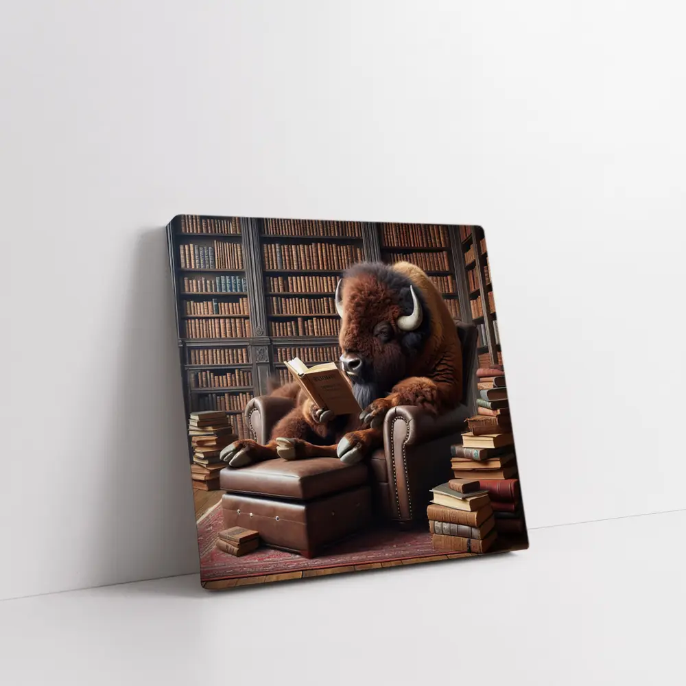 Bison Reading Book in Library Armchair – Wall Art
