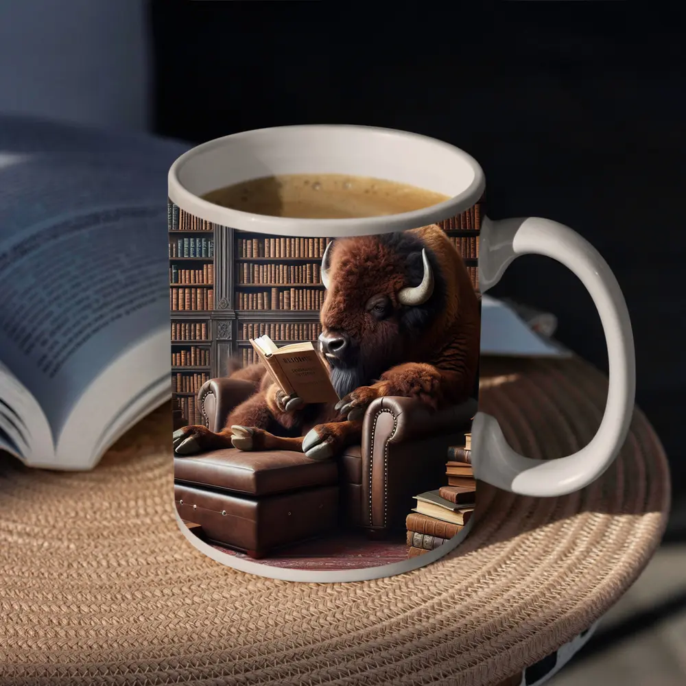 Bison Reading Book in Library Armchair – Mugs