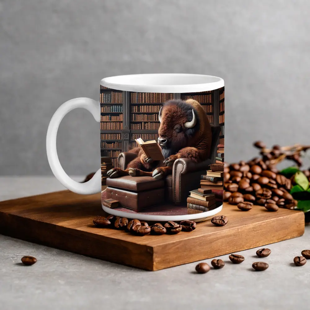 Bison Reading Book in Library Armchair – Mugs