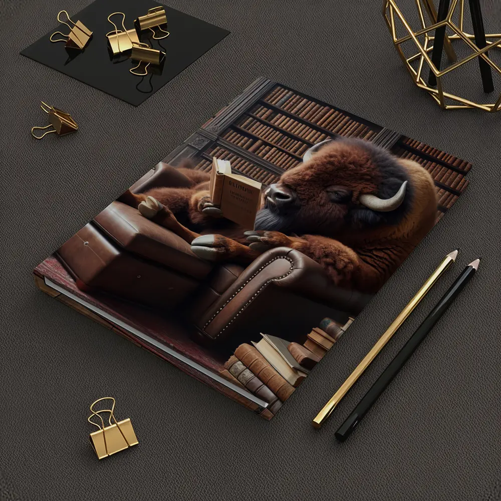 Bison Reading Book in Library Armchair – Notebooks