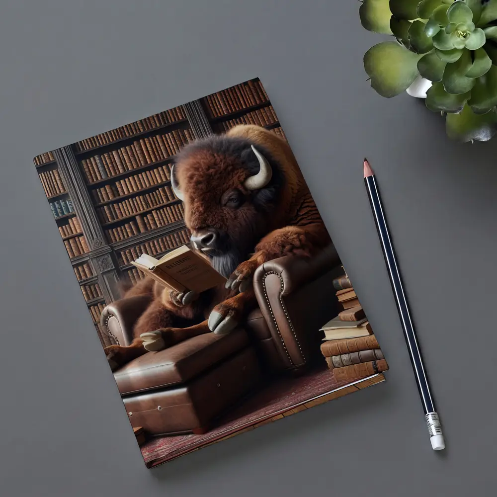 Bison Reading Book in Library Armchair – Notebooks