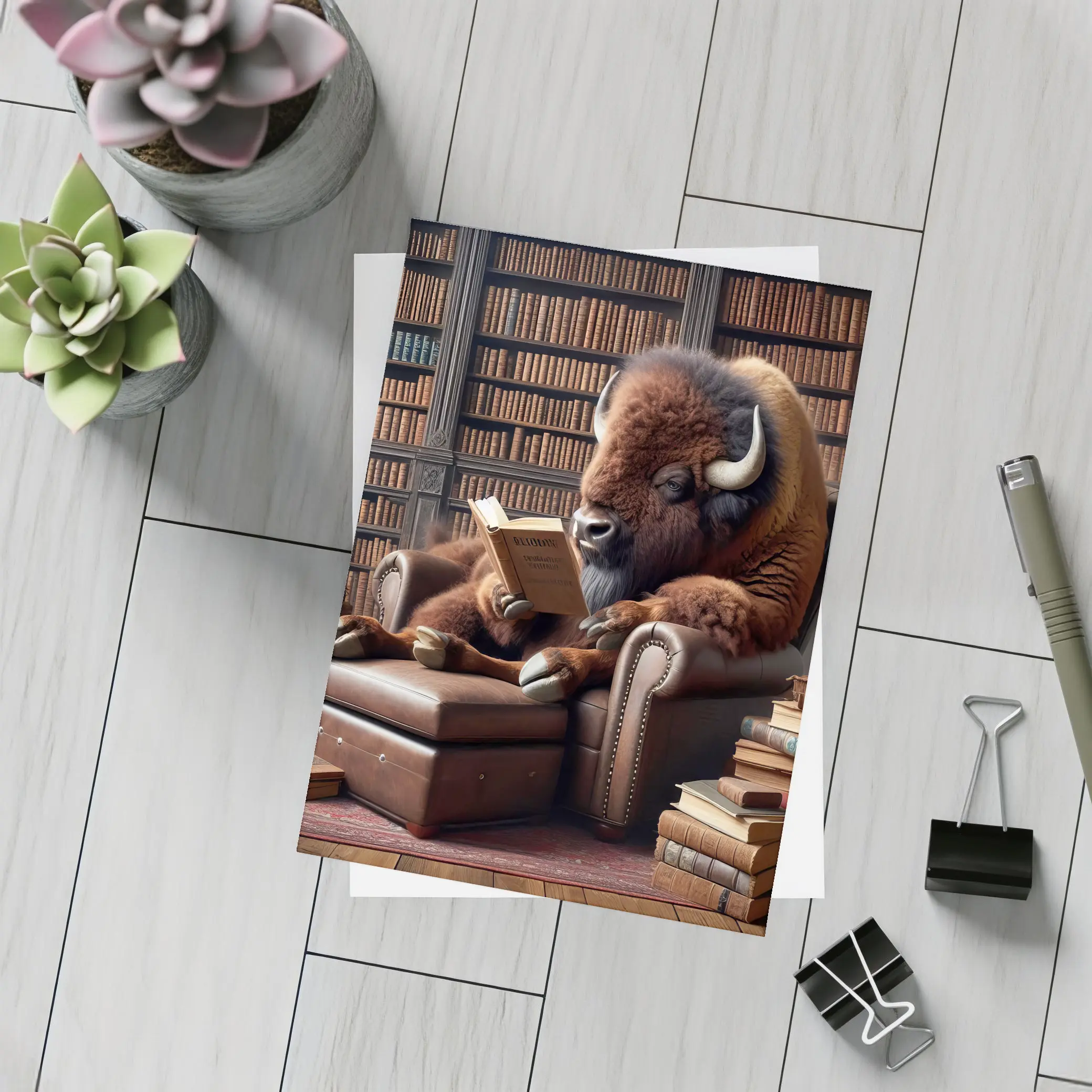 Bison Reading Book in Library Armchair – Postcards