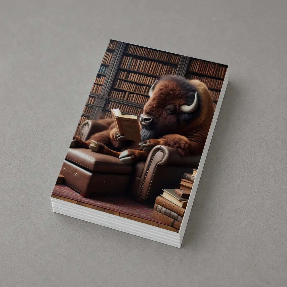 Bison Reading Book in Library Armchair – Postcards