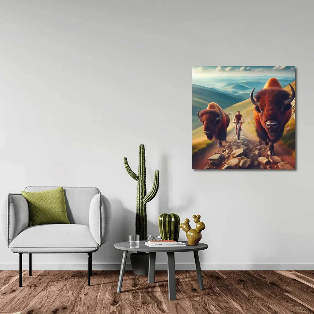 Bison Charging Cyclist Mountain Trail Adventure – Wall Art