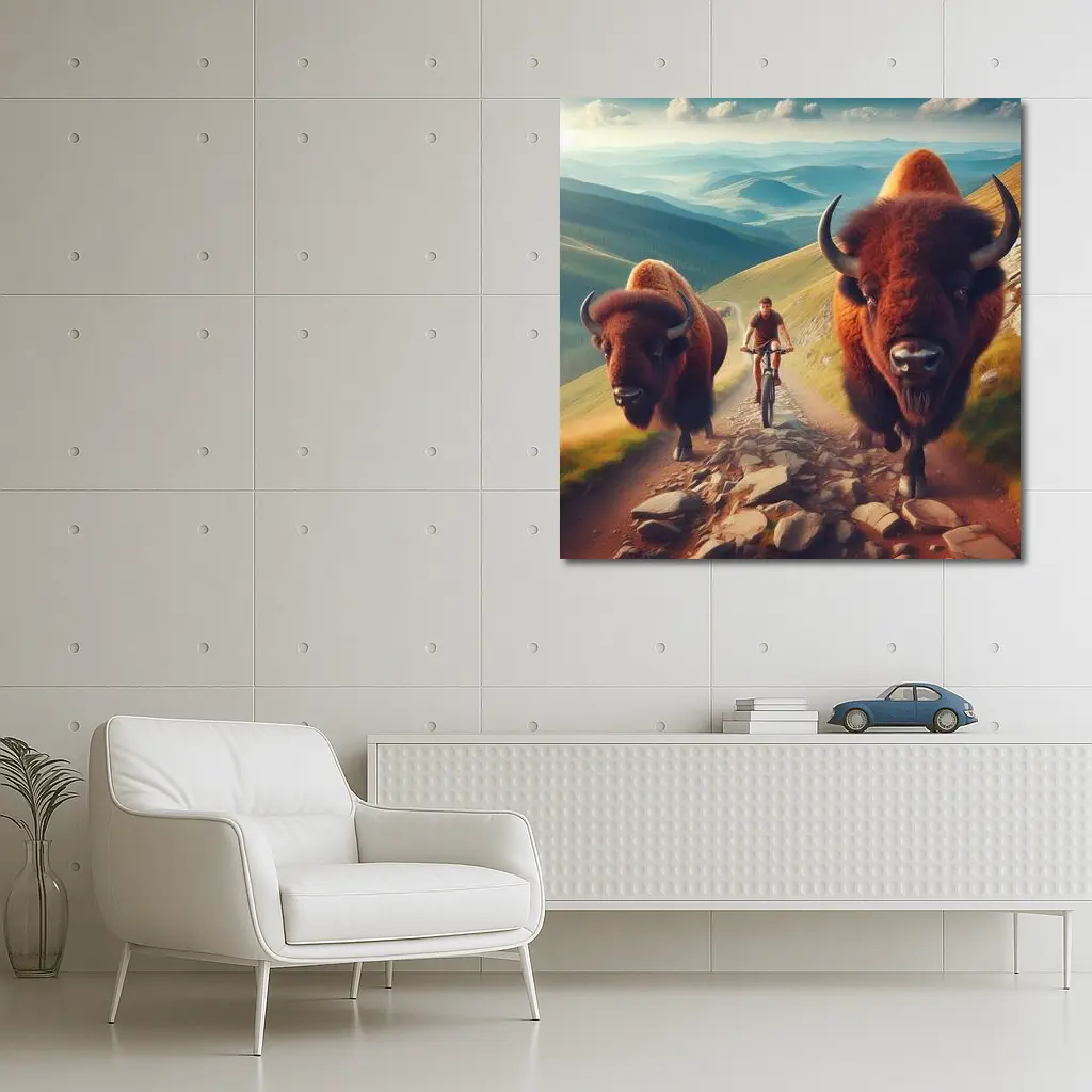 Bison Charging Cyclist Mountain Trail Adventure – Wall Art