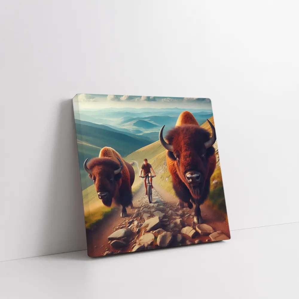 Bison Charging Cyclist Mountain Trail Adventure – Wall Art