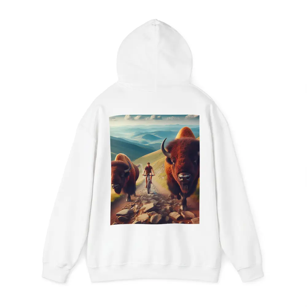 Bison Charging Cyclist Mountain Trail Adventure – Hoodies