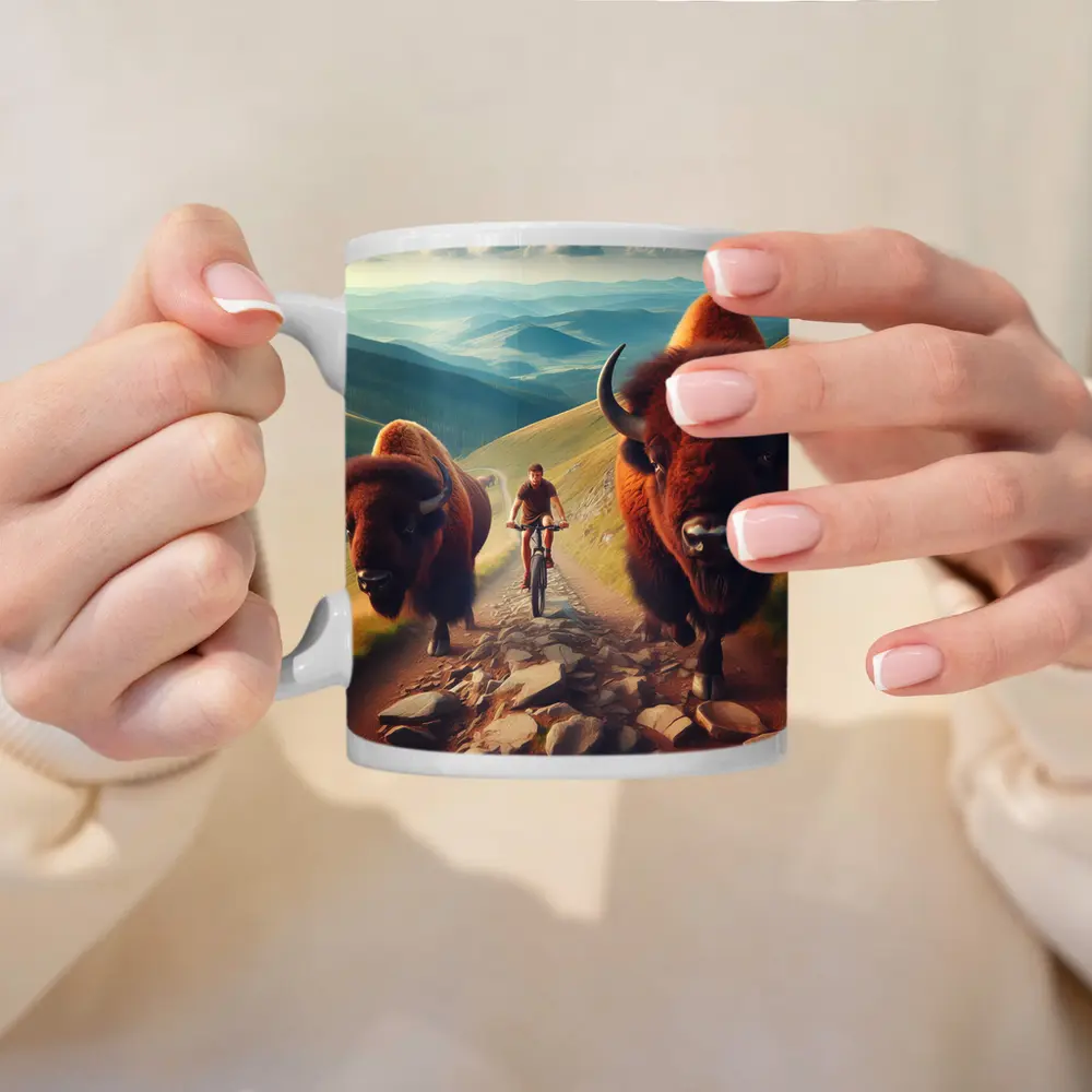 Bison Charging Cyclist Mountain Trail Adventure – Mugs