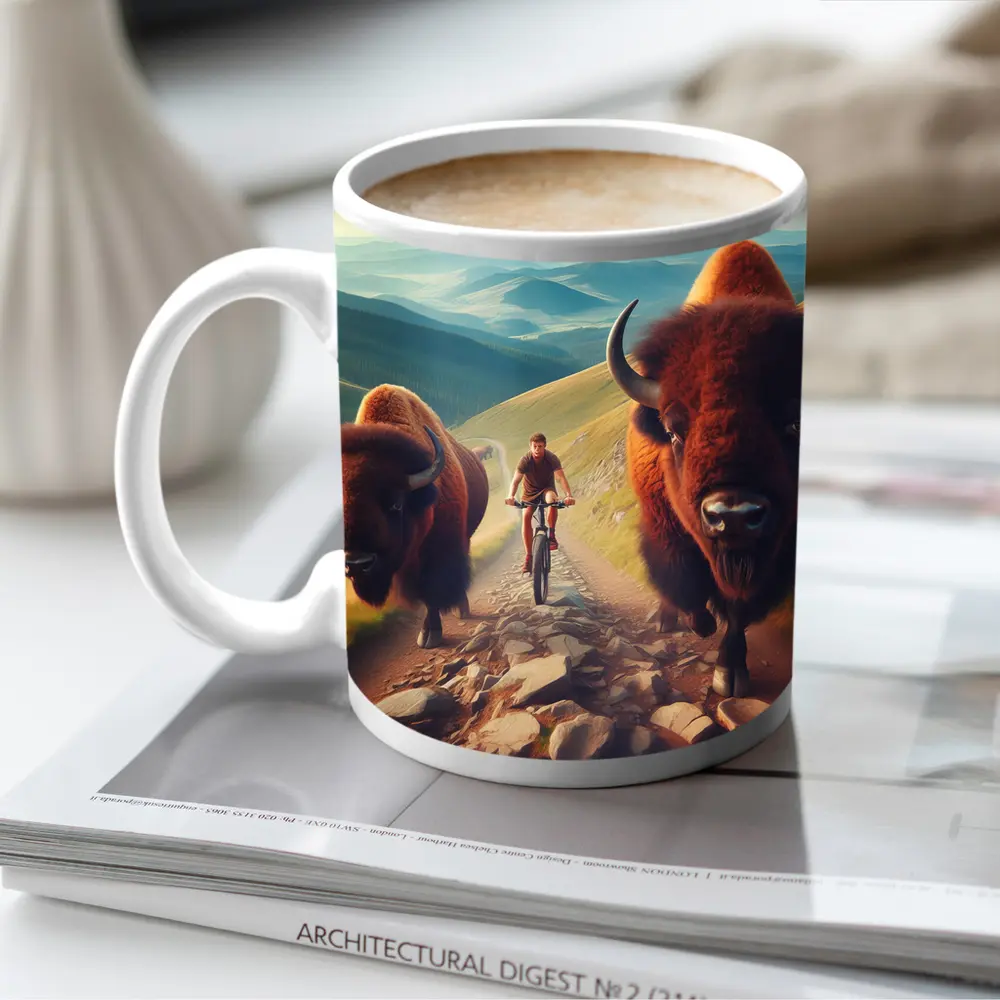 Bison Charging Cyclist Mountain Trail Adventure – Mugs