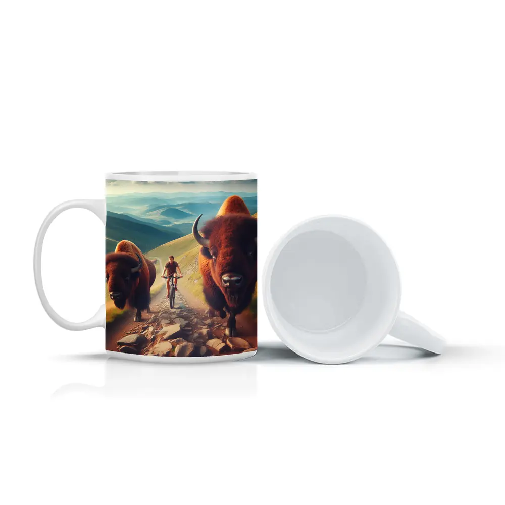 Bison Charging Cyclist Mountain Trail Adventure – Mugs