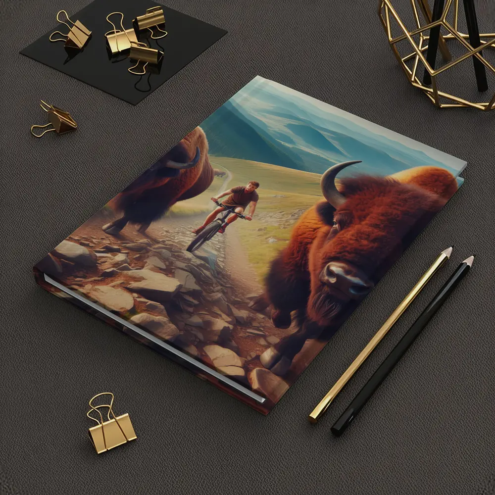 Bison Charging Cyclist Mountain Trail Adventure – Notebooks