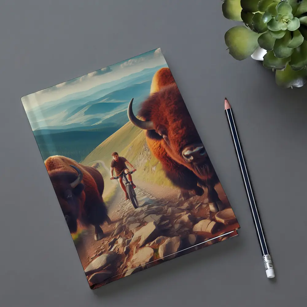 Bison Charging Cyclist Mountain Trail Adventure – Notebooks