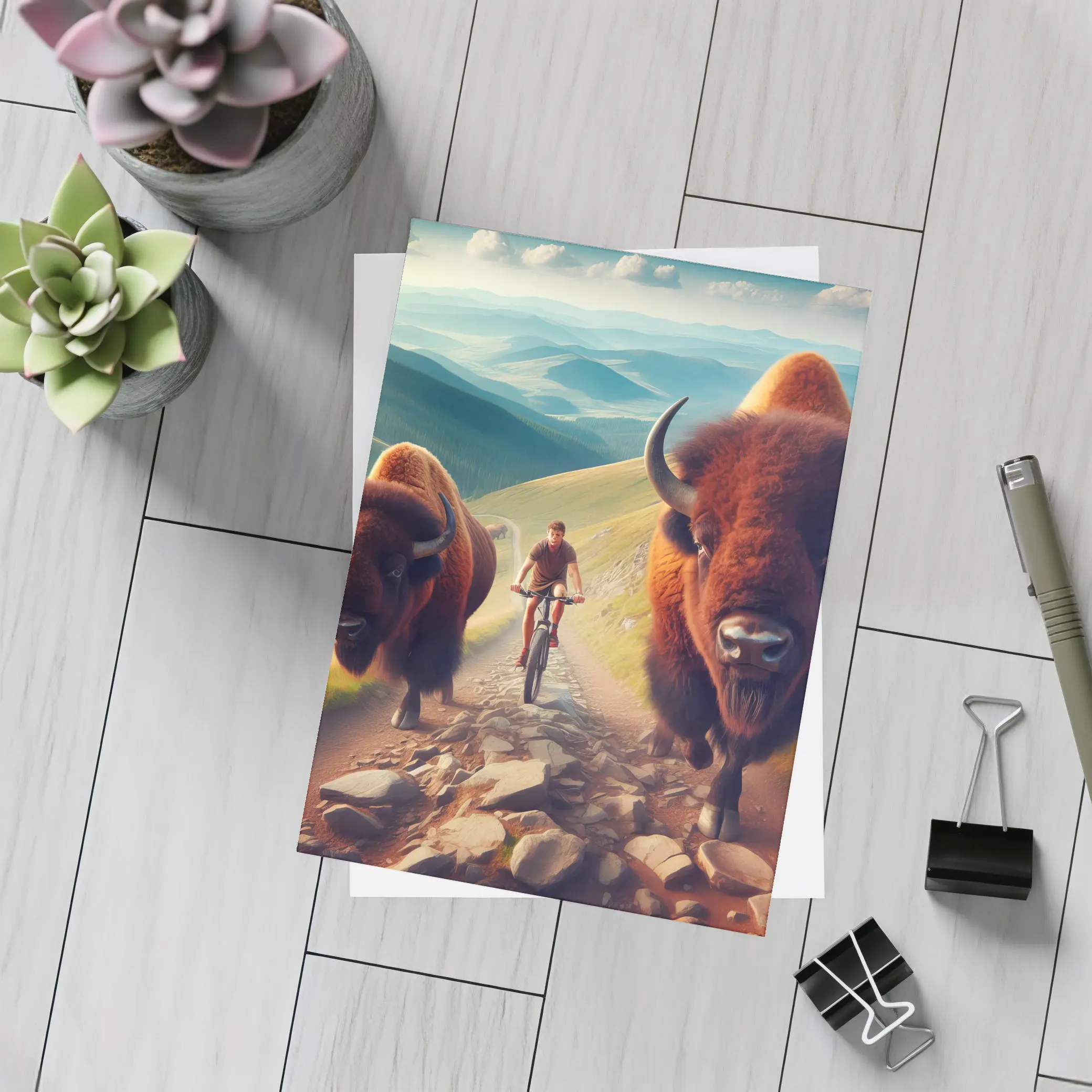 Bison Charging Cyclist Mountain Trail Adventure – Postcards