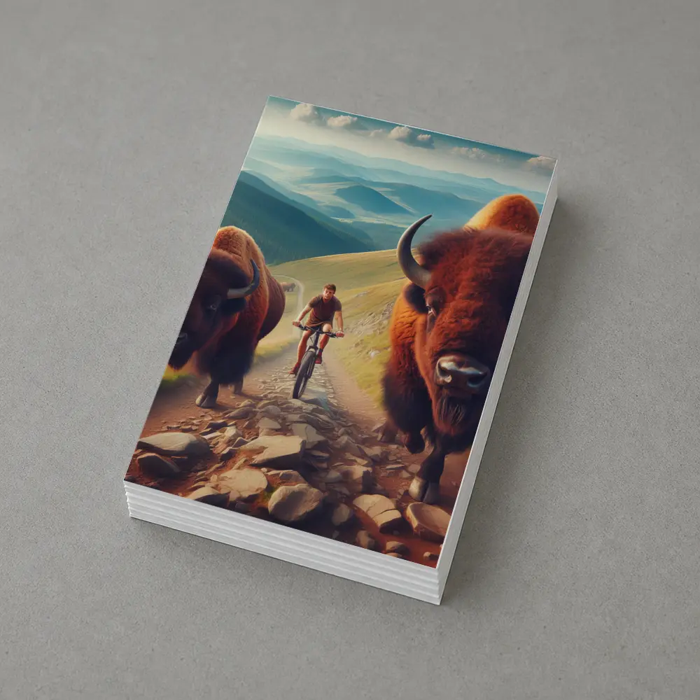Bison Charging Cyclist Mountain Trail Adventure – Postcards