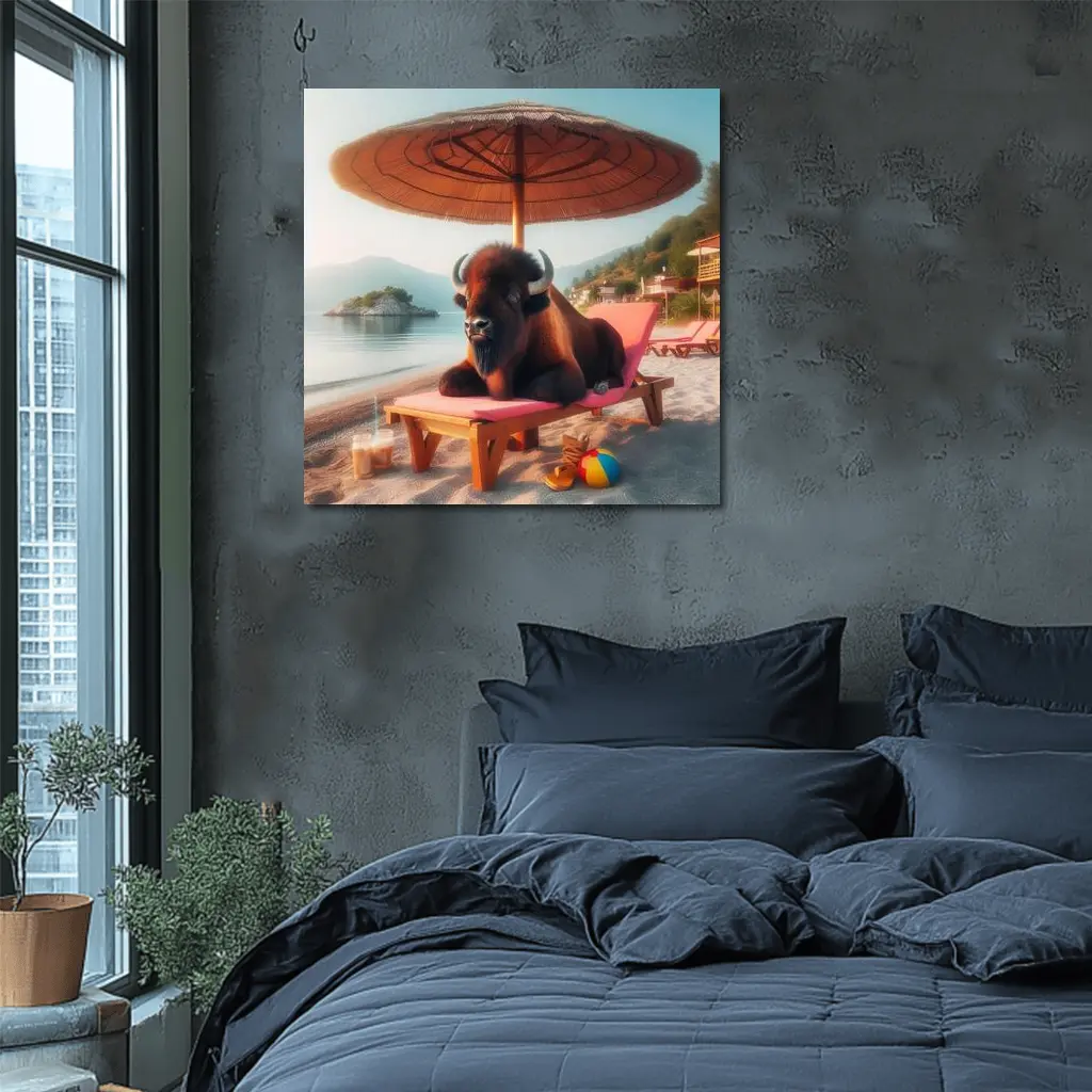 Bison Relaxing On Sunny Beach Lounger – Wall Art
