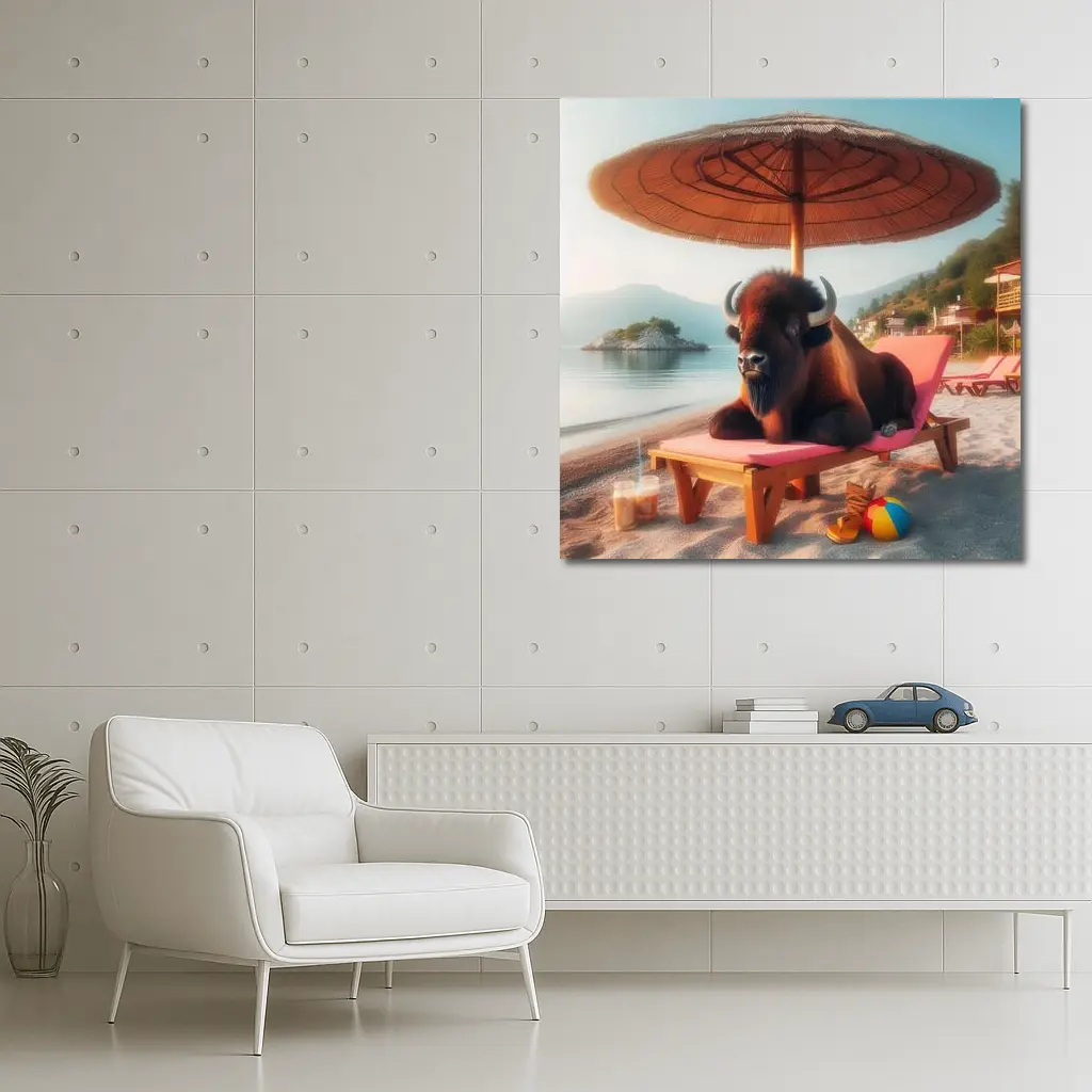 Bison Relaxing On Sunny Beach Lounger – Wall Art