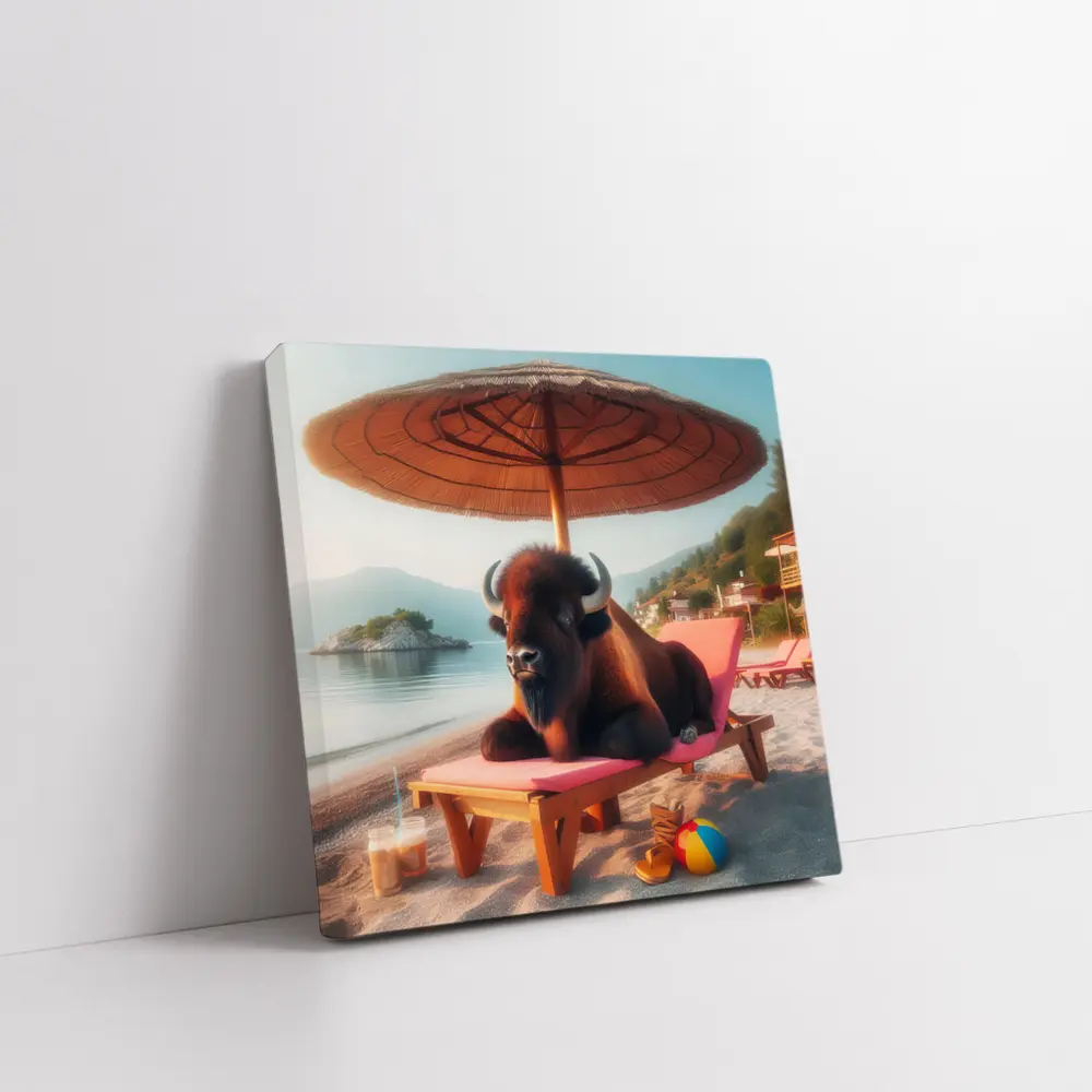 Bison Relaxing On Sunny Beach Lounger – Wall Art