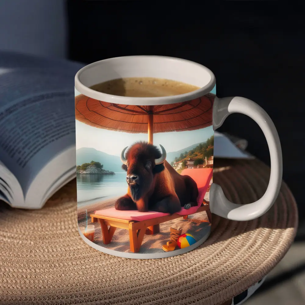 Bison Relaxing On Sunny Beach Lounger – Mugs