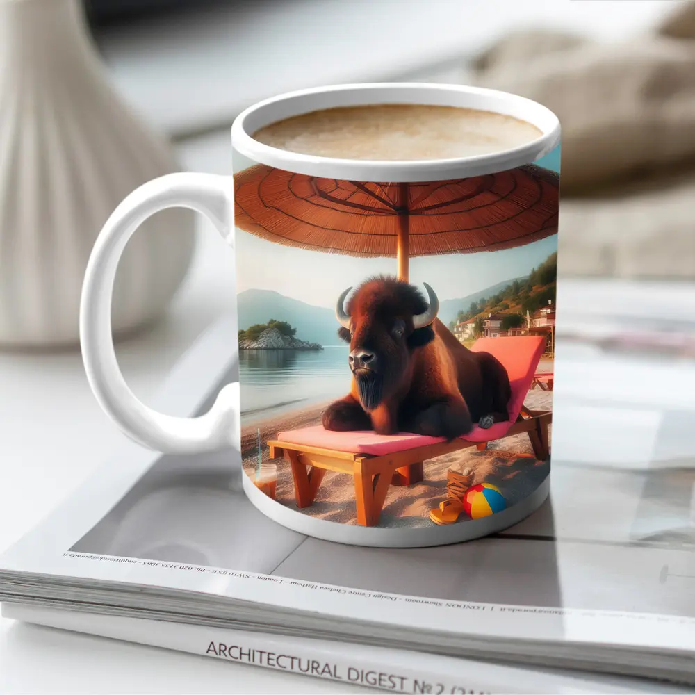 Bison Relaxing On Sunny Beach Lounger – Mugs