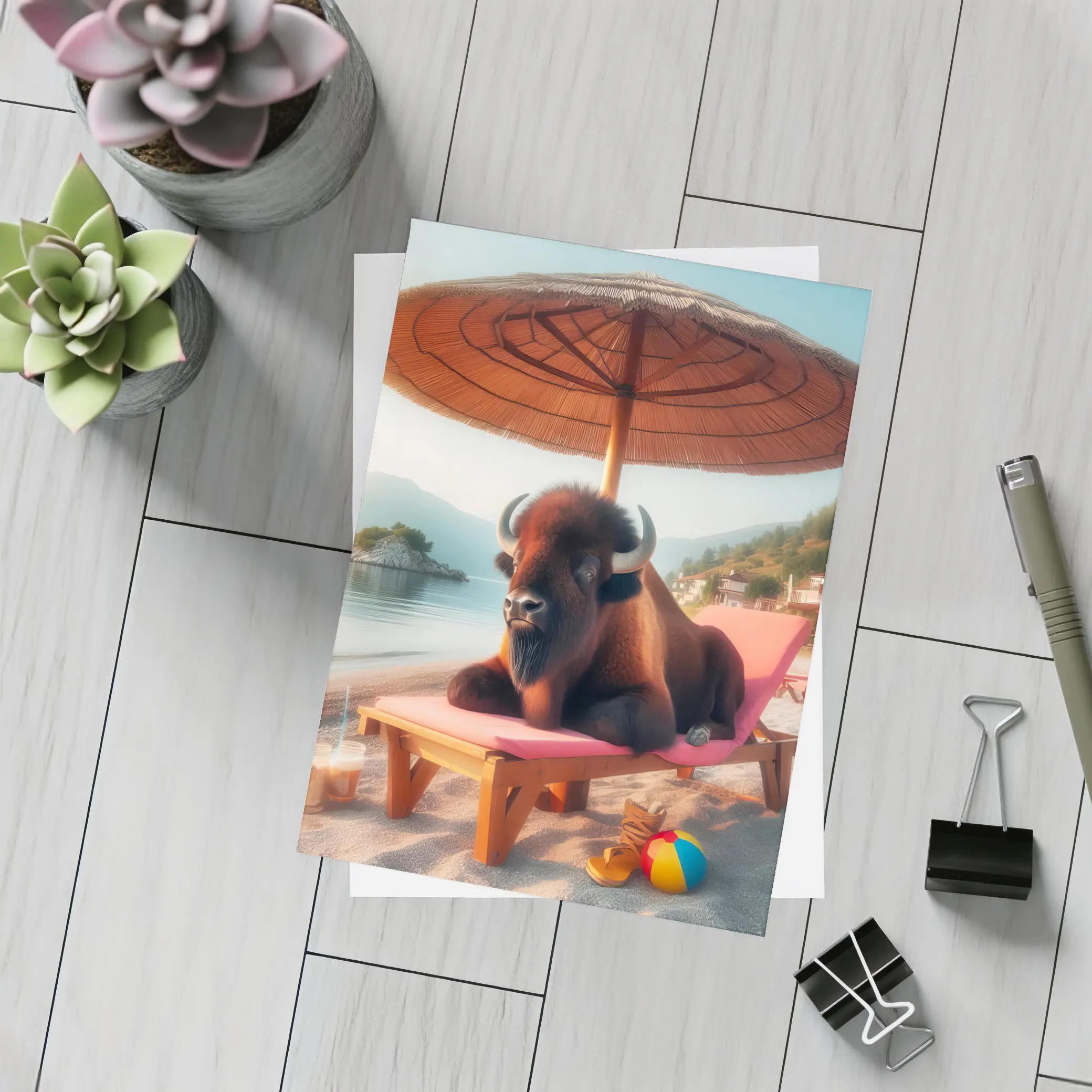 Bison Relaxing On Sunny Beach Lounger – Postcards