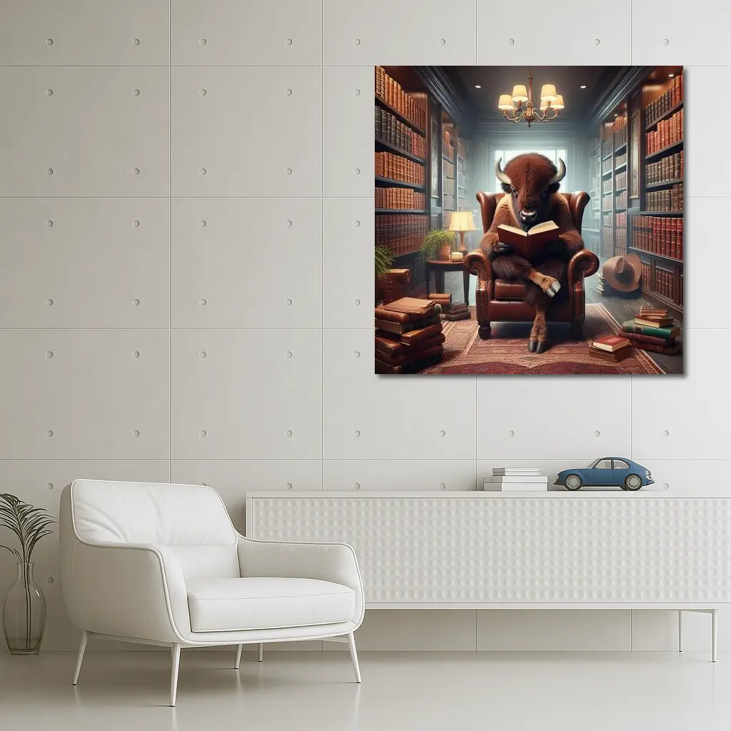 Bison Reading Book in Cozy Library – Wall Art