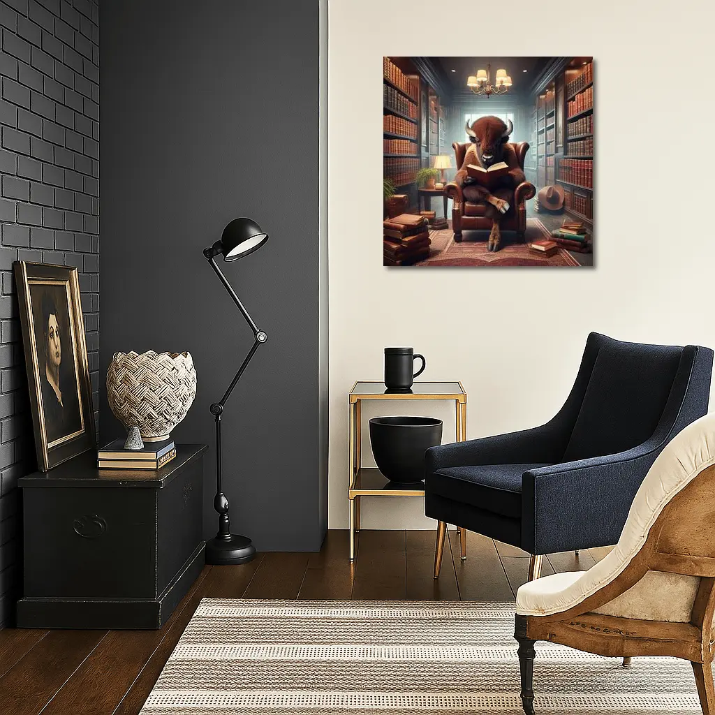 Bison Reading Book in Cozy Library – Wall Art
