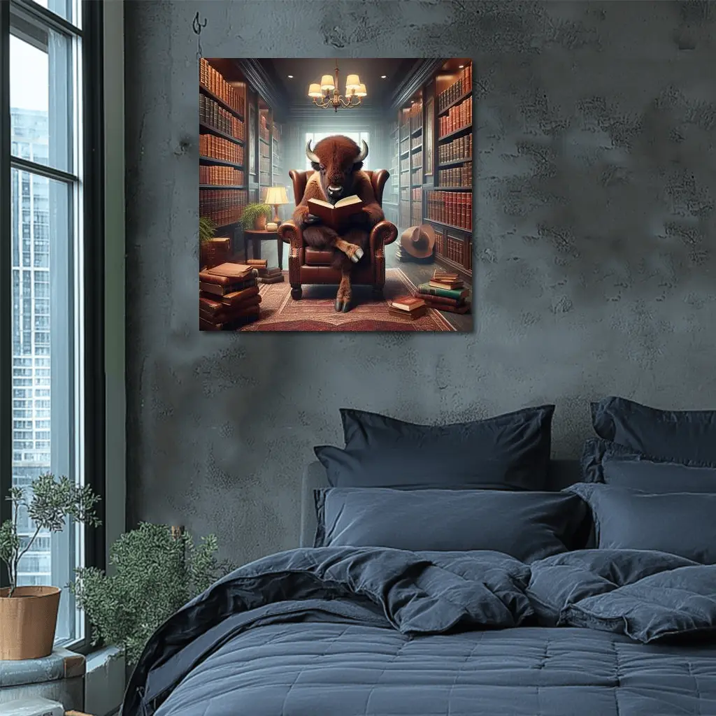 Bison Reading Book in Cozy Library – Wall Art