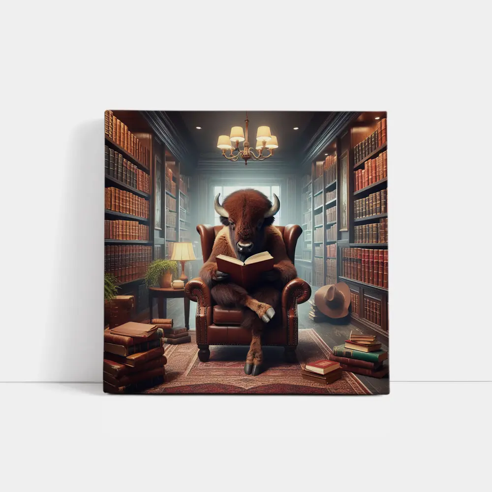 Bison Reading Book in Cozy Library – Wall Art