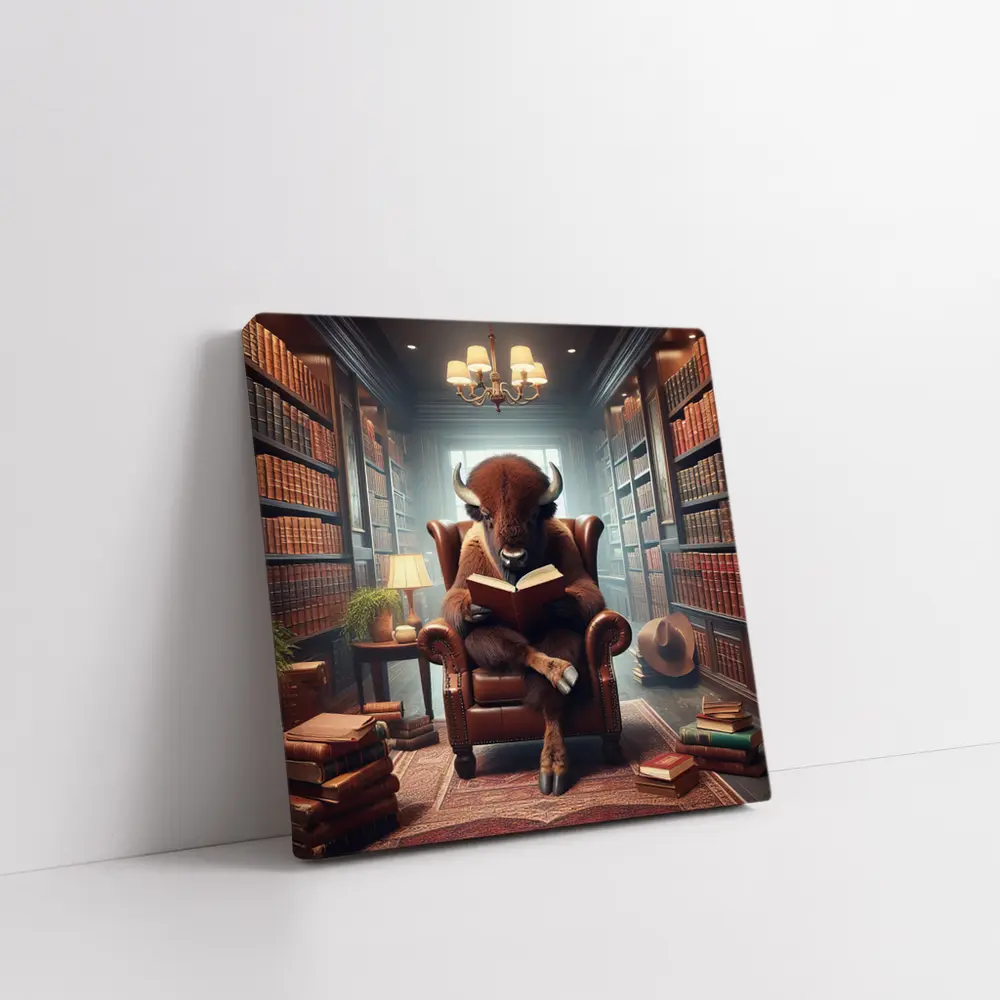 Bison Reading Book in Cozy Library – Wall Art