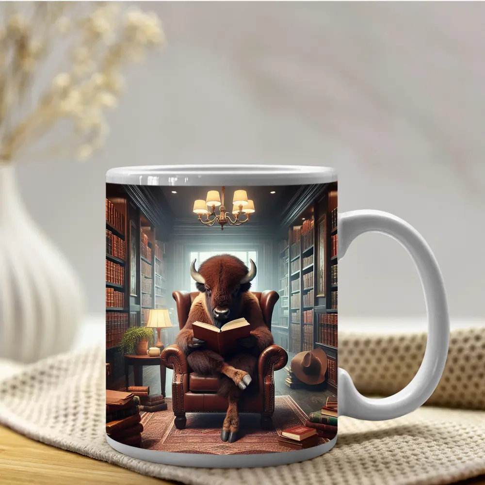Bison Reading Book in Cozy Library – Mugs