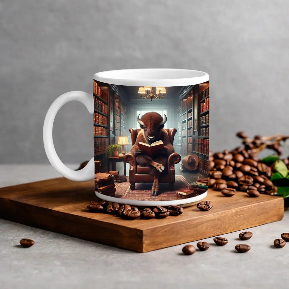 Bison Reading Book in Cozy Library – Mugs