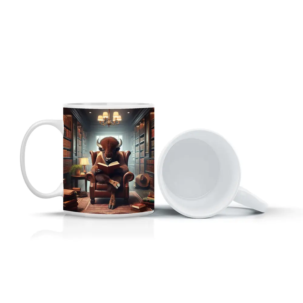 Bison Reading Book in Cozy Library – Mugs