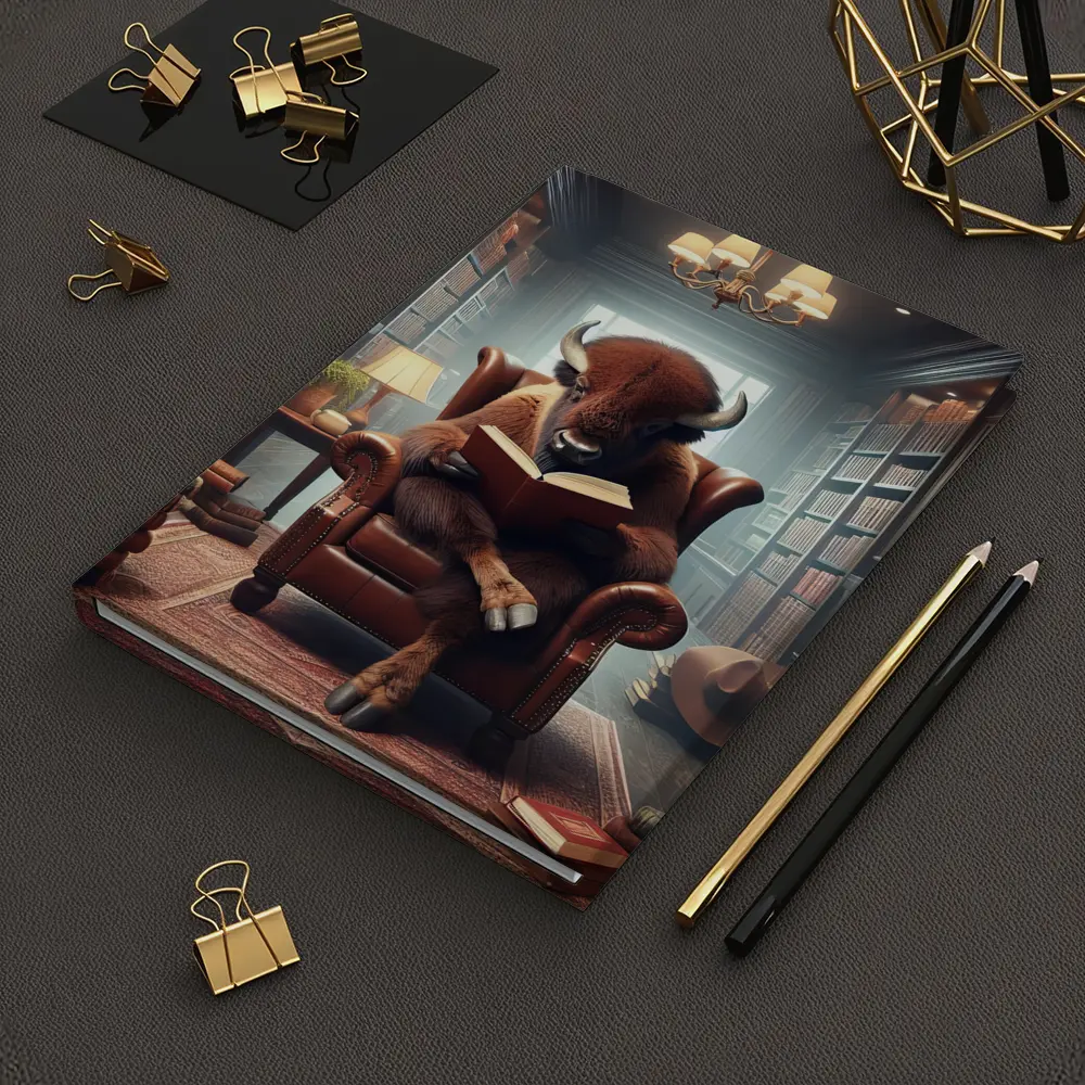 Bison Reading Book in Cozy Library – Notebooks