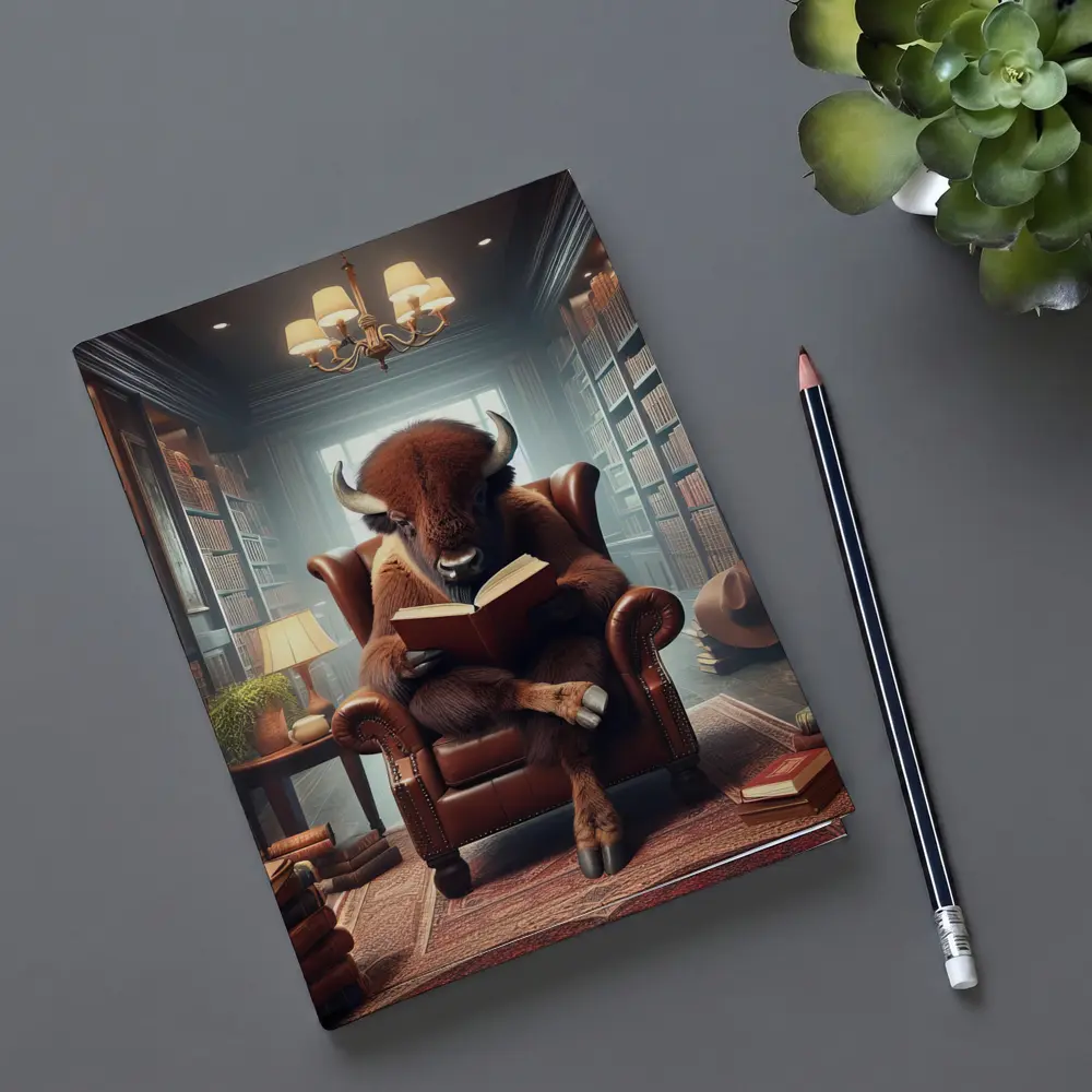 Bison Reading Book in Cozy Library – Notebooks