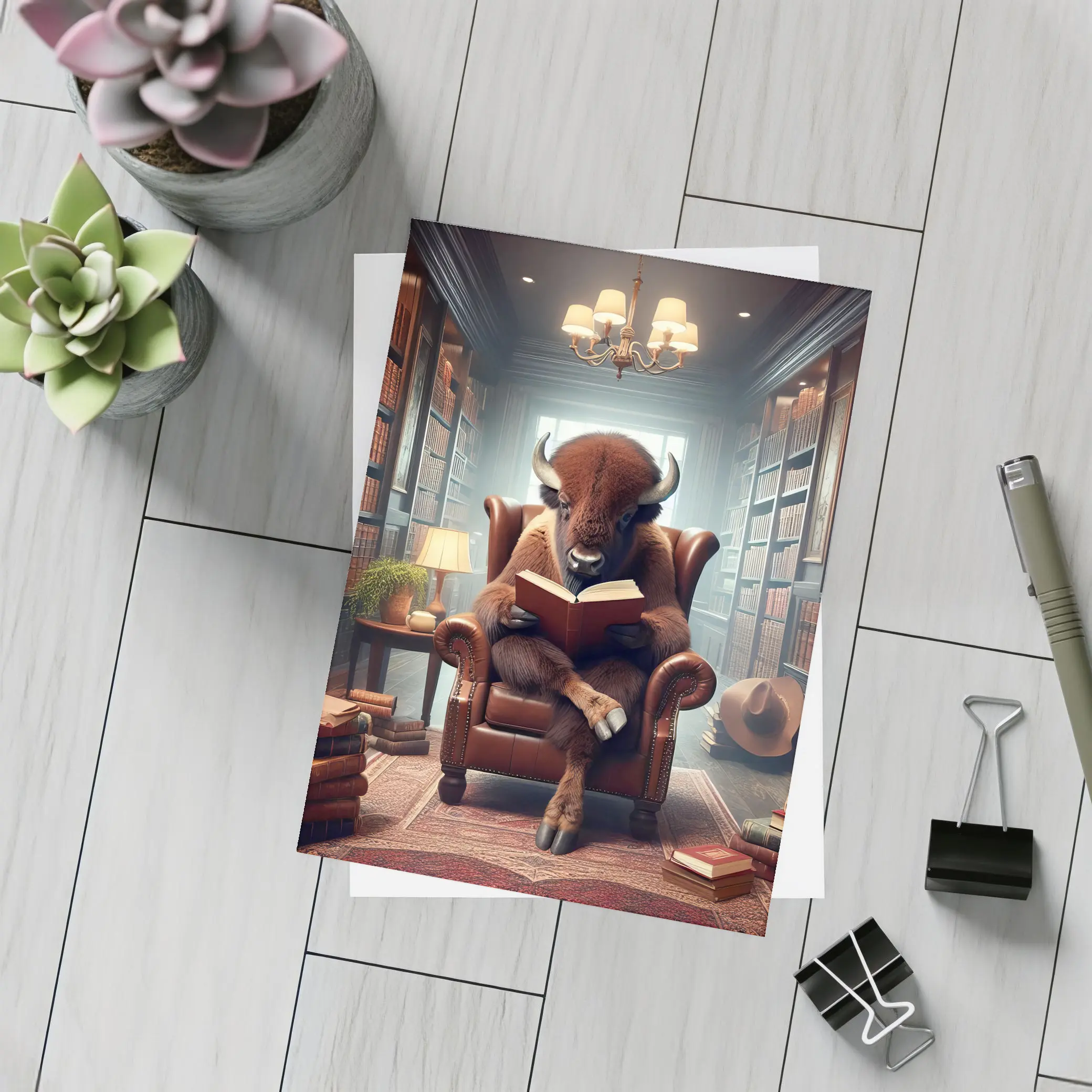 Bison Reading Book in Cozy Library – Postcards