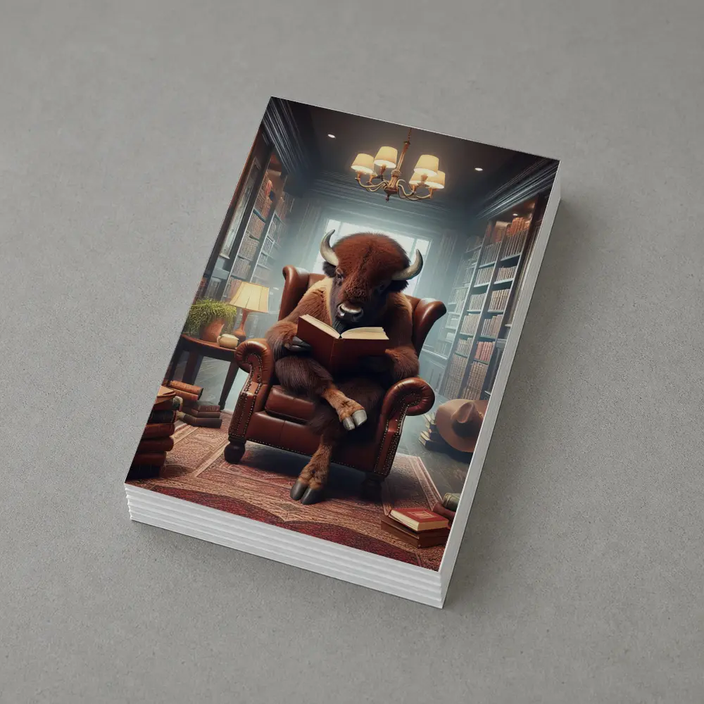 Bison Reading Book in Cozy Library – Postcards