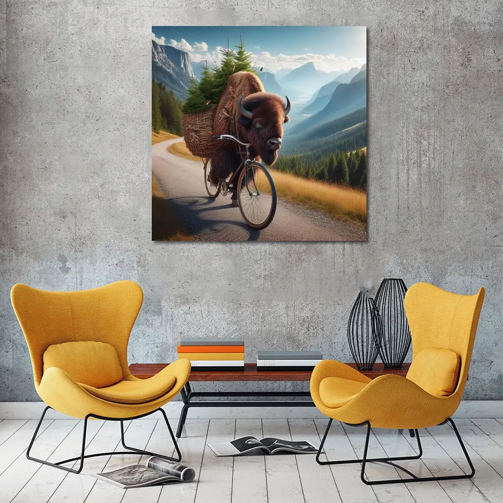 Bison Riding Bicycle Through Mountain Road – Wall Art