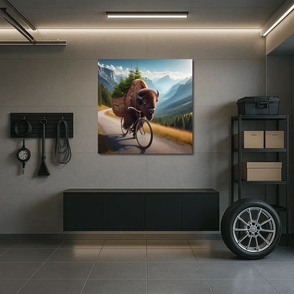 Bison Riding Bicycle Through Mountain Road – Wall Art